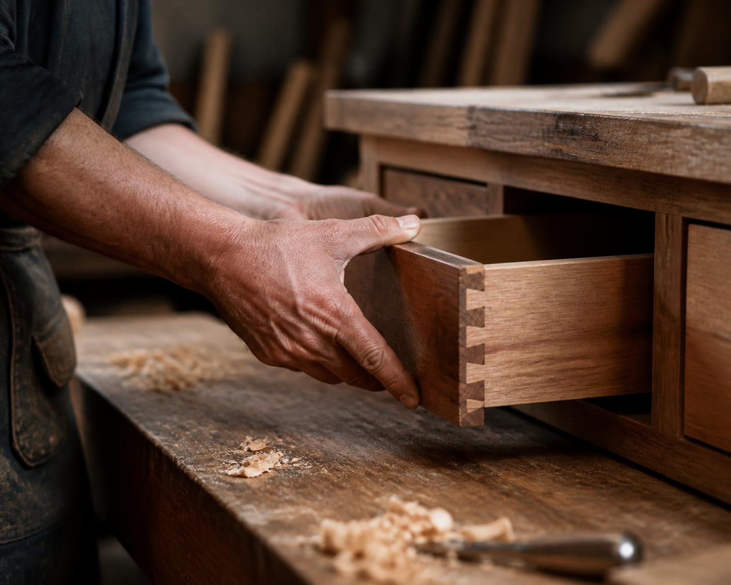 A Modoro joiner fitting a hand-cut drawer in the workshop