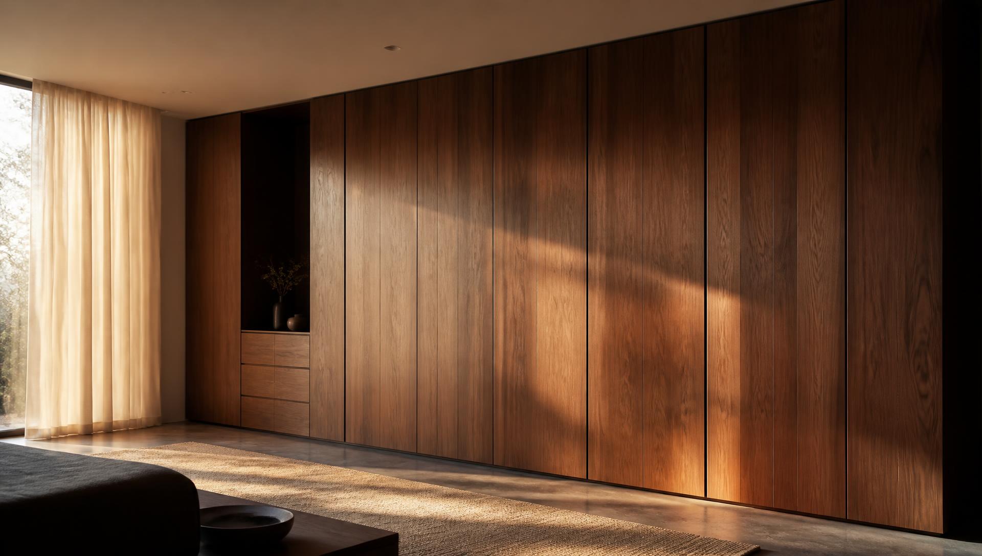 Built-in walnut wardrobe wall by Modoro in warm evening light