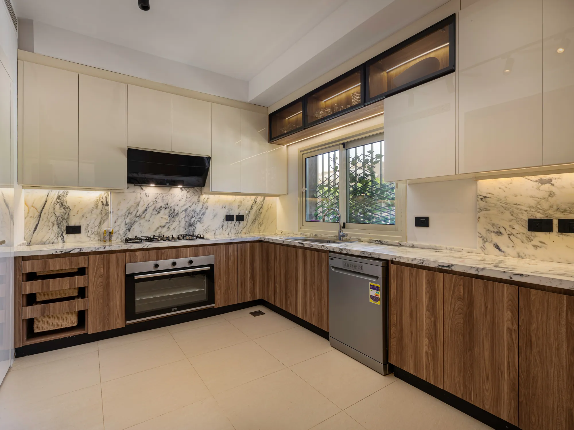 Custom walnut and marble kitchen, New Giza Villa by Modoro